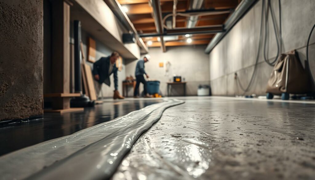A basement with an intricate alternative waterproofing system. In the foreground, a close-up view of a modern sealant being applied to the concrete walls, its glossy texture catching the soft, diffused lighting. In the middle ground, a worker carefully inspecting the application, ensuring a seamless and watertight finish. The background features a well-organized workspace, with tools and materials neatly arranged, conveying a sense of professionalism and attention to detail. The overall atmosphere is one of precision, functionality, and a commitment to effective, alternative basement waterproofing solutions.