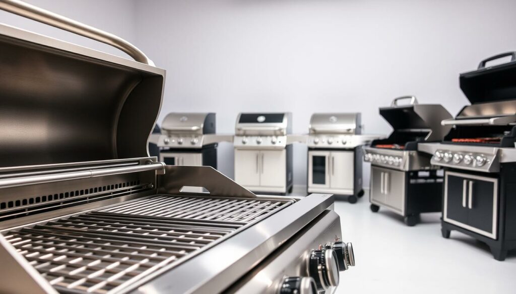 A beautifully lit studio scene showcasing a curated selection of high-quality BBQ grills from leading manufacturers. The foreground features a sleek stainless steel grill with a polished chrome finish, its grates glistening under soft, even lighting. In the middle ground, a range of grill models in various sizes and styles are displayed, each with distinct design elements and features. The background is a clean, minimalist backdrop, allowing the grills to take center stage. The overall mood is one of elegance, professionalism, and attention to detail, reflecting the expertise and craftsmanship of the top BBQ grill brands.