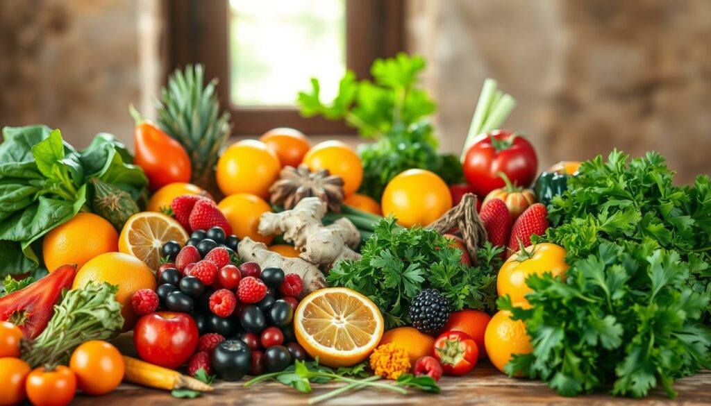 A bountiful still life arrangement of fresh, organic raw foods for natural detoxification. In the foreground, a vibrant display of brightly colored fruits and vegetables - crisp leafy greens, juicy citrus, ripe berries, and crunchy roots. In the middle ground, a wooden cutting board with a variety of detoxifying herbs and spices, such as ginger, turmeric, and parsley. The background is a rustic, earthy scene with warm, diffused natural lighting filtering through a window, casting a soft glow on the scene. The composition conveys a sense of simplicity, health, and vitality, perfectly suited to illustrate a "Raw Food Detox Diet" section of an article on the benefits of cleansing the body.
