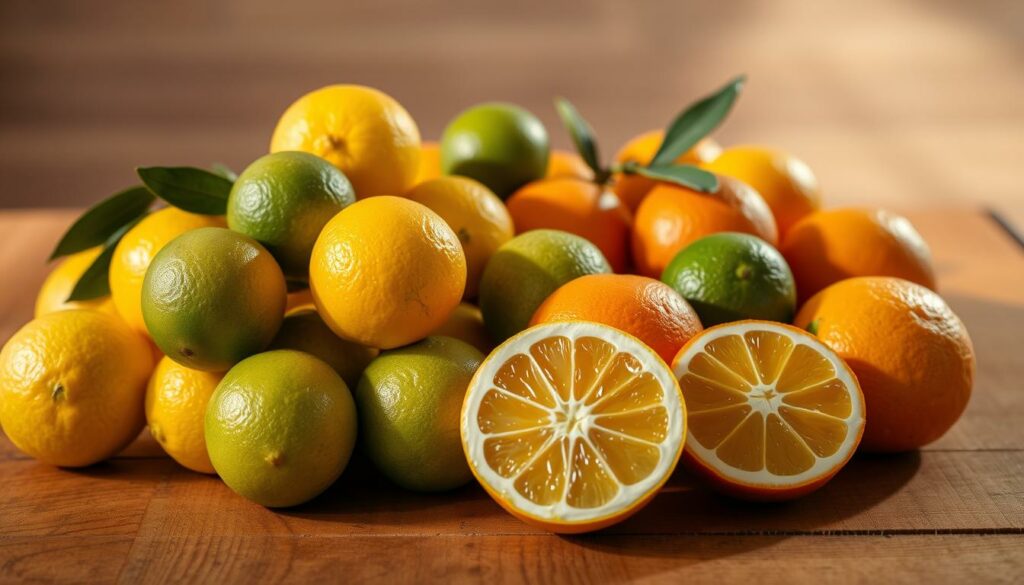 A bountiful still life arrangement of fresh, vibrant citrus fruits on a wooden table. In the foreground, a cluster of juicy lemons, limes, and oranges in varying shades of yellow, green, and orange, casting soft shadows on the textured surface. The middle ground features a few halved fruits, revealing their juicy, glistening interiors. The background is softly blurred, creating a sense of depth and focus on the enticing, zesty display. Warm, natural lighting illuminates the scene, highlighting the fruits' glossy skins and highlighting their appealing, appetizing qualities. The overall composition conveys the freshness, vibrancy, and versatility of these essential ingredients for homemade lemonade.