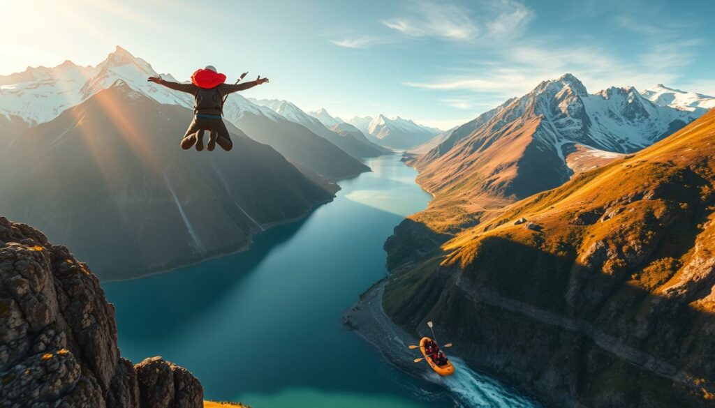 A breathtaking aerial view of New Zealand's stunning landscapes, showcasing the thrilling world of extreme sports. In the foreground, a daring base jumper leaps from a towering cliff, their wingsuit billowing as they descend towards a pristine alpine lake. The middle ground features a group of whitewater rafters navigating a raging river, their paddles slicing through the frothy waves. In the background, snow-capped peaks pierce the sky, their jagged peaks and rugged terrain a playground for skilled mountaineers and skiers. Warm, golden sunlight illuminates the scene, creating a sense of adventure and exhilaration. The overall composition captures the essence of New Zealand as the ultimate destination for adrenaline-fueled, extreme sports enthusiasts.