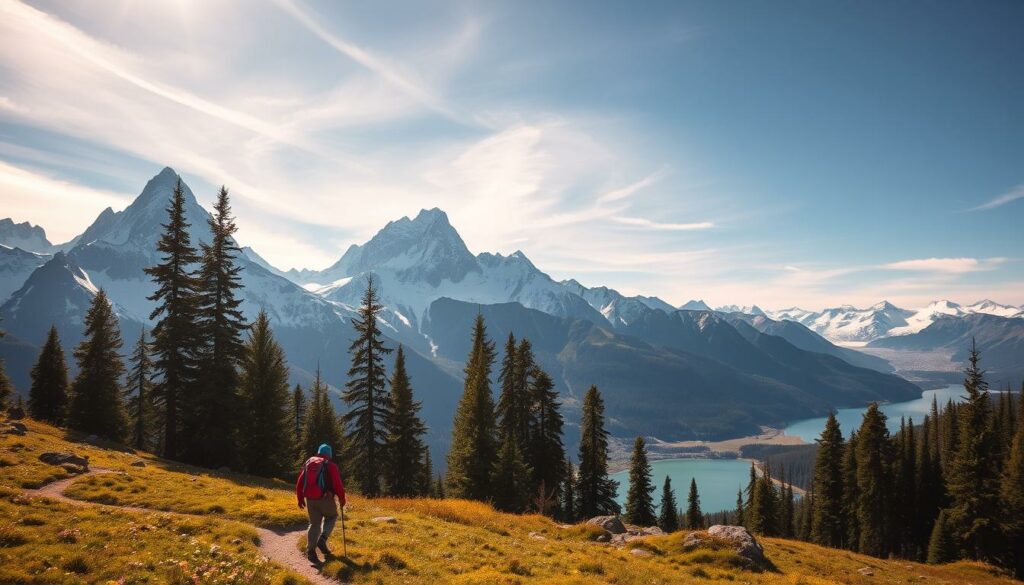 A breathtaking alpine landscape with rugged snow-capped peaks piercing the sky. In the foreground, a lone hiker navigates a winding trail, backpack in tow, surrounded by lush meadows and wildflowers. Sunlight filters through wispy clouds, casting a warm glow across the scene. Towering evergreen trees line the middle ground, their verdant boughs swaying gently in the crisp mountain air. In the distance, a pristine glacial lake reflects the majestic summits, its crystalline waters shimmering. An atmosphere of serenity and adventure pervades, capturing the essence of the natural world's role in the exhilarating pursuit of mountaineering.