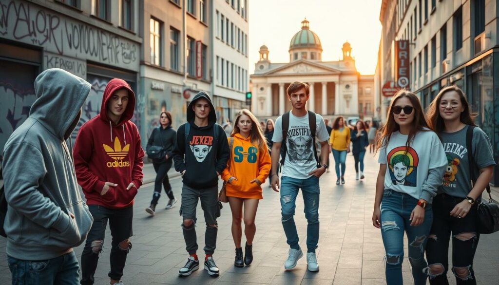 A bustling German street, framed by modern, graffiti-adorned buildings. In the foreground, a group of fashionable youths showcase the latest streetwear trends - hoodies, sneakers, and distressed denim. Vibrant colors, bold graphic tees, and unique accessory pieces create a dynamic, youthful energy. In the middle ground, pedestrians stroll by, their outfits blending seamlessly with the urban landscape. A warm, golden hour glow bathes the scene, accentuating the textures and details. The background features iconic German architecture, hinting at the cultural heritage that influences the local streetwear scene. An atmospheric, documentary-style image that captures the essence of streetwear in Deutschland.