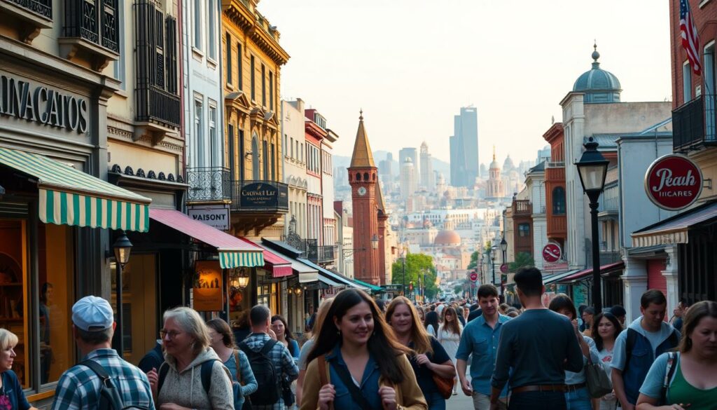 A bustling city street in the golden hour, with a warm, inviting atmosphere. In the foreground, a group of tourists exploring local shops and cafes, their expressions filled with curiosity and delight. The middle ground features charming architecture, a mix of historic and modern buildings, adorned with colorful awnings and intricate details. In the background, a picturesque cityscape with towering landmarks and a vibrant skyline, bathed in a soft, diffused light. The overall scene conveys a sense of adventure, discovery, and the joys of urban exploration, perfectly capturing the essence of a memorable city trip.