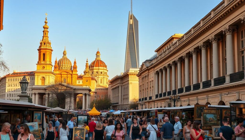 A bustling city street lined with grand neoclassical buildings, their ornate facades glowing in the warm afternoon light. In the foreground, a crowd of people wander through an outdoor art market, browsing vibrant paintings, intricate sculptures, and handcrafted wares. Towering church spires and domes rise in the middle distance, their gilded details shimmering. In the background, a towering modern art museum stands, its sleek, angular design a striking contrast to the historic architecture. The scene exudes a sense of cultural vibrancy and artistic discovery, inviting the viewer to explore the rich tapestry of art and culture that thrives in this urban center.