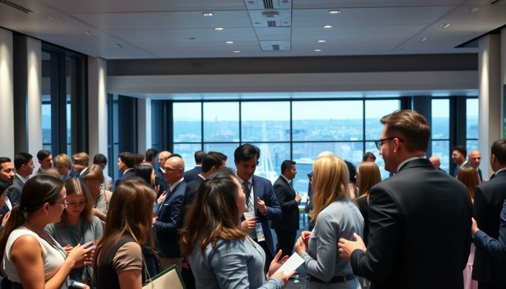 A bustling networking event in a modern, well-lit conference hall. In the foreground, a group of professionals engaged in animated discussions, gesturing enthusiastically as they exchange business cards and make new connections. The middle ground features a backdrop of sleek, minimalist architecture with floor-to-ceiling windows, allowing natural light to flood the space. In the background, a vibrant cityscape is visible, hinting at the broader business landscape and opportunities for growth. The overall atmosphere is one of energy, dynamism, and the potential for personal and professional advancement through strategic networking.