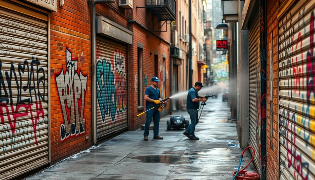 A bustling urban street, with a variety of surfaces - brick walls, metal shutters, concrete - all showcasing the aftermath of graffiti removal. Focused on the process, with workers wielding power washers and scrubbing brushes, carefully erasing the colorful tags and murals, leaving behind a patchwork of clean and stained surfaces. Warm, diffused lighting illuminates the scene, creating a sense of industrious activity. The overall mood is one of meticulous, methodical restoration, with the goal of returning the environment to its original, unblemished state.