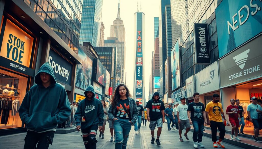 A bustling urban streetscape, showcasing the dynamic future of streetwear. In the foreground, models strut down the sidewalk, donning the latest cutting-edge designs - oversized hoodies, deconstructed denim, and bold graphic tees. The middle ground features a mix of trendy independent boutiques and large-scale flagship stores, their windows displaying the season's must-have streetwear pieces. In the background, towering skyscrapers and neon-lit billboards create a vibrant, futuristic atmosphere, hinting at the global influence and evolution of this cultural phenomenon. Warm, diffused lighting casts a glow over the scene, captured through a wide-angle lens to convey a sense of energy and movement. The overall mood is one of anticipation, showcasing the dynamic and ever-changing nature of streetwear as it continues to push the boundaries of fashion.