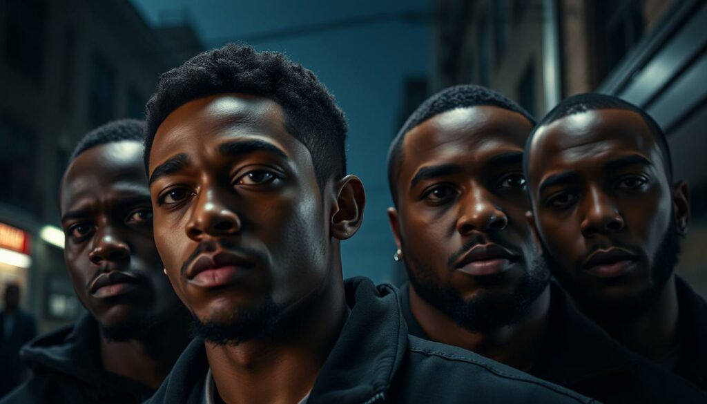 A cinematic close-up of the main cast of the Netflix miniseries "When They See Us", their faces radiating a somber determination against a dimly lit, gritty urban backdrop. The lighting casts dramatic shadows, highlighting the gravity and weight of their expressions as they confront the systemic injustices of the criminal justice system. The scene exudes a palpable sense of tension and emotional intensity, inviting the viewer to empathize with the wrongfully accused young men at the heart of this powerful true story.
