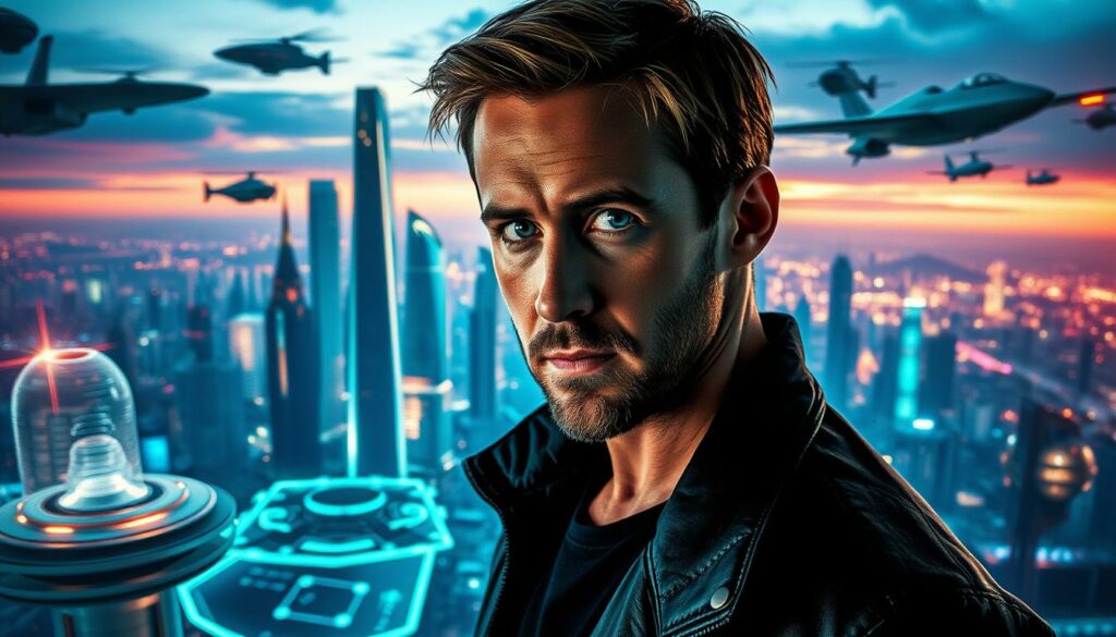 A cinematic portrait of Ryan Gosling, the renowned actor, set against a backdrop of futuristic cityscapes and spaceships. In the foreground, Gosling stands with an air of confident contemplation, his piercing gaze hinting at the diverse array of roles and projects he has yet to unveil. The middle ground features holographic displays and advanced technology, suggesting the sci-fi and speculative nature of his upcoming work. The background is a panoramic vista of gleaming skyscrapers, hovering vehicles, and a vibrant, neon-tinged skyline, capturing the bold, visionary aesthetic that may define Gosling's future endeavors. Dramatic lighting from various angles casts intriguing shadows and highlights the actor's chiseled features, creating an atmosphere of mystery and anticipation around his future creative endeavors.
