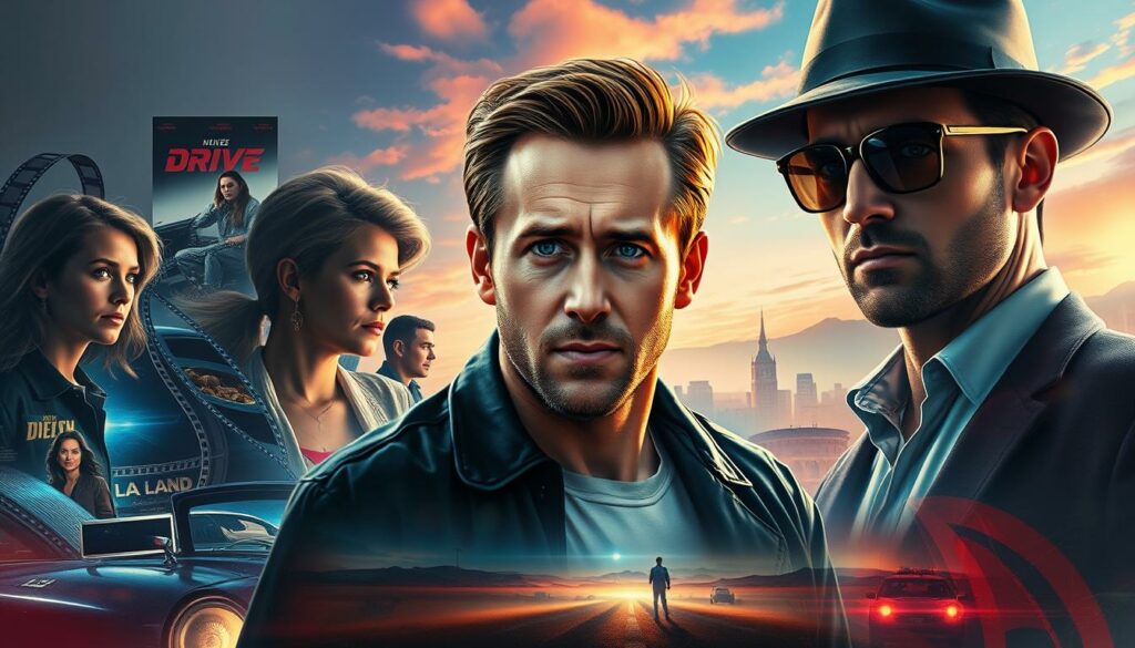 A cinematic showcase of Ryan Gosling's finest performances, captured in a vibrant digital painting. The foreground features Gosling's iconic characters from acclaimed films like "Drive," "La La Land," and "Blade Runner 2049," rendered in a striking, photorealistic style. The middle ground showcases movie posters and film reels, creating a sense of depth and emphasizing the rich diversity of Gosling's filmography. The background is a dynamic, dreamlike landscape, with stylized lighting and a subtle color palette that evokes the emotional resonance of Gosling's most celebrated roles. The overall composition conveys the depth, nuance, and cinematic artistry that have made Gosling one of the most respected actors of his generation.