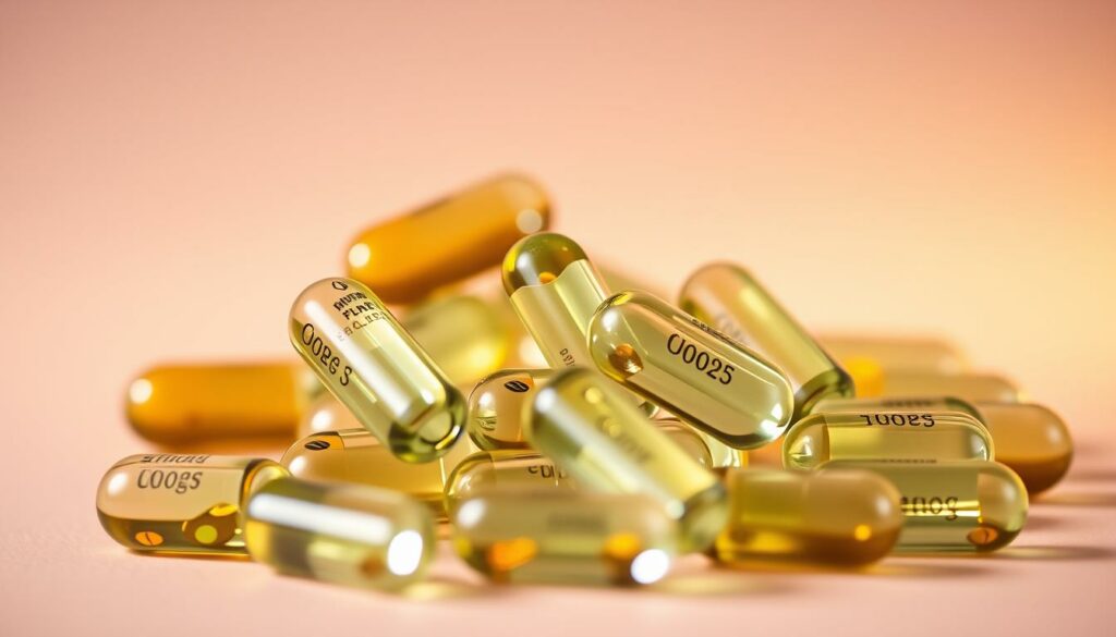 A close-up of a cluster of omega-3-rich fish oil capsules against a soft, warm-toned background. The capsules are arranged in an aesthetically pleasing manner, with a shallow depth of field to emphasize their organic, translucent nature. Gentle studio lighting casts a subtle glow, highlighting the vibrant colors and natural textures of the capsules. The overall composition conveys a sense of health, wellness, and the benefits of a pescetarian diet rich in essential fatty acids.