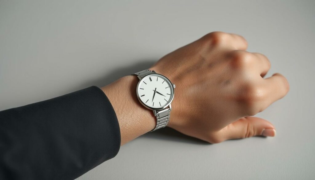 A close-up photograph of a person's wrist wearing a classic stainless steel analog wristwatch. The watch has a simple, elegant design with a round case, a clean white dial, and thin hands that tick rhythmically. The watch is positioned prominently on the model's forearm, which is resting on a smooth, neutral-colored surface, creating a minimalist, high-contrast composition. The lighting is soft and diffused, casting gentle shadows that accentuate the watch's sleek profile. The atmosphere is refined, sophisticated, and stylish, subtly conveying the importance of choosing the right timepiece as an accessory.
