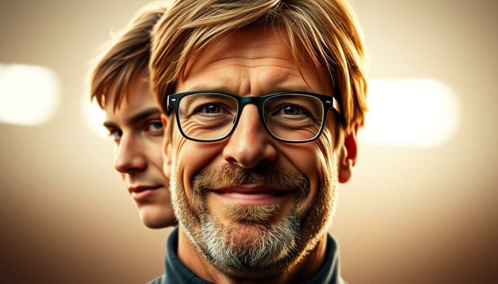 A close-up portrait of Jürgen Klopp, capturing the evolution of his distinctive style over the years. In the foreground, his face reveals a transition from a youthful, unassuming look in his early days at Mainz to a more refined, Hollywood-esque smile in his later career. The middle ground showcases subtle changes in his hairstyle, from a classic German businessman cut to a more relaxed, dynamic coiffure. The background subtly suggests the changing environments, from the modest setting of a small-town club to the glamorous world of top-tier football. Soft, warm lighting accentuates the transformation, creating a sense of warmth and charisma. A cinematic, almost timeless quality pervades the scene, inviting the viewer to explore the story behind Klopp's iconic persona.