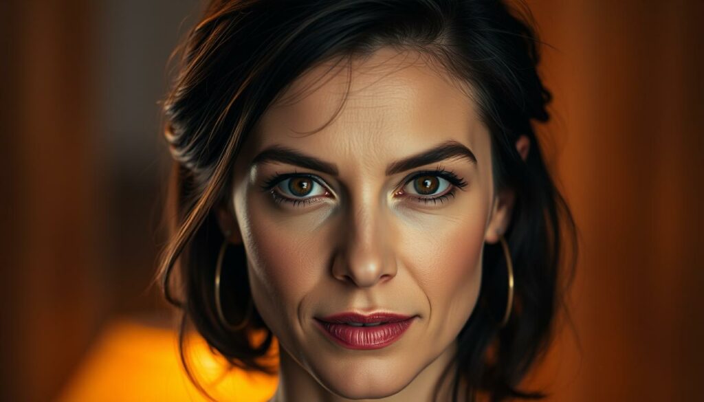 A close-up portrait of a skilled and versatile actress, her face illuminated by soft, warm lighting that accentuates the depth of her expression. Her gaze is piercing and confident, conveying a sense of professionalism and mastery of her craft. The background is subtly blurred, placing the focus entirely on the actress's features and the nuance of her performance. The image emanates a sense of poise, charisma, and the effortless ability to embody a wide range of roles, capturing the essence of her acting talents and expertise.