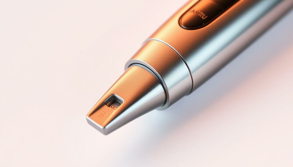 A close-up shot of a high-quality nasal hair trimmer, its sleek metallic body gleaming under warm studio lighting. The trimmer is positioned against a plain white background, allowing it to be the sole focus. The image captures the precise, well-engineered design of the tool, highlighting its functionality and suitability for the task of safely and effectively removing unwanted nasal hair. The trimmer is angled slightly, revealing its intricate inner mechanisms and detailing. The overall mood is one of clinical precision and practicality, conveying the reliable performance of this essential grooming tool.