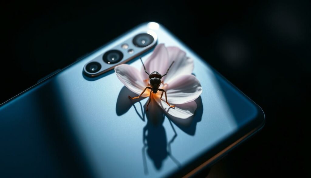 A close-up shot of the Honor Magic 6 Pro smartphone, its rear camera system meticulously detailed. The phone's sleek, metallic body gleams under dramatic lighting, casting dynamic shadows. The camera's powerful macro lens is the focal point, capturing intricate textures and minute details of a delicate flower petal or intricate insect. The depth of field is shallow, blurring the background to emphasize the subject's sharp focus. The overall mood is one of technical precision and artistic appreciation for the natural world, showcasing the smartphone's impressive macro photography capabilities.