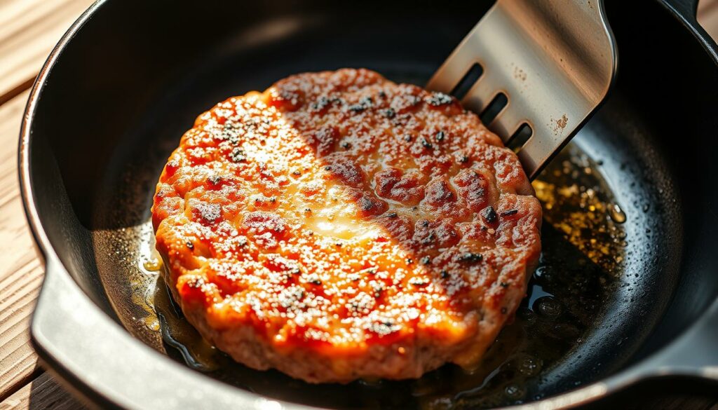 A close-up view of a juicy burger sizzling in a hot cast-iron skillet, with a golden-brown crust forming on the patty. The pan is placed on a rustic wooden surface, with natural lighting casting warm shadows and highlights across the scene. The burger is seasoned with salt, pepper, and a hint of garlic, and is being carefully turned with a metal spatula, revealing the succulent, pink center. The aroma of the searing meat and melting cheese wafts through the air, creating a mouthwatering atmosphere. This image perfectly captures the essence of the "Braten oder grillen?" section, showcasing the delicious process of pan-frying a homemade burger.