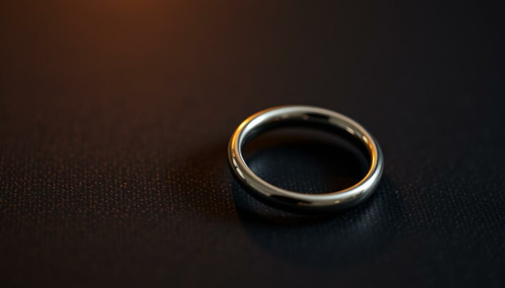 A close-up view of a metallic cock ring resting on a dark, textured surface. The ring is made of high-quality stainless steel, with a sleek, minimalist design. The lighting is soft and diffused, creating a warm, intimate atmosphere. The camera angle is slightly elevated, drawing the viewer's attention to the object's form and texture. The background is blurred, keeping the focus solely on the cock ring and its purpose - to enhance male stimulation and delay ejaculation, as described in the article section title.