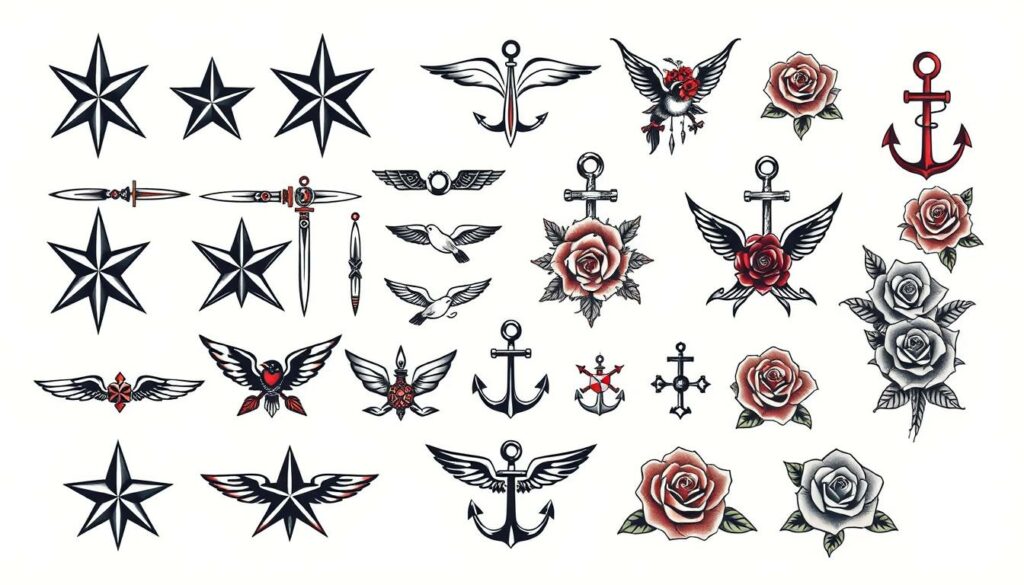 A collection of classic tattoo motifs, meticulously rendered in a timeless style. In the foreground, bold designs such as nautical stars, ornamental daggers, and intricate floral patterns stand out against a clean, white background. The middle ground features a selection of iconic symbols like swallows, anchors, and traditional American-style roses, each with a distinct meaning and history. In the background, a cohesive arrangement of these classic tattoo elements creates a visually striking tapestry, capturing the essence of the timeless art of tattooing. The lighting is soft and even, highlighting the crisp, detailed linework and bold colors, while the camera angle provides a comprehensive overview of the diverse range of classic tattoo motifs.