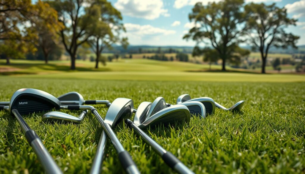 A collection of high-quality, modern golf clubs rests on a lush, green fairway. The foreground features a selection of driver, iron, and putter clubs in various metallic finishes, their sleek and ergonomic designs clearly visible. The middle ground showcases the golf clubs from a low, dynamic angle, emphasizing their importance and the skill required to wield them. In the background, a vast, scenic golf course stretches out, with rolling hills, mature trees, and a bright, sun-dappled sky overhead, conveying a sense of tranquility and the joy of the sport. The overall mood is one of professional precision, the clubs representing the essential tools for an engaging and rewarding game of golf.