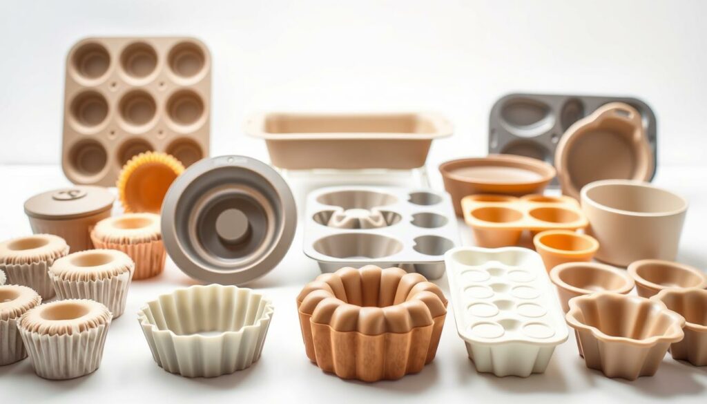 A comparison of various silicone bakeware options, showcasing an array of high-quality molds in different shapes and sizes. The foreground features a selection of silicone cupcake, muffin, and loaf pans in neutral tones, arranged neatly against a softly lit background. The middle ground highlights a few specialty molds, such as a bundt cake pan and a set of mini tart tins, all with a consistent silicone material and sleek design. The background subtly fades into a light, airy studio setting, creating a clean and inviting atmosphere that emphasizes the versatility and quality of the silicone bakeware. Crisp, even lighting and a slightly low camera angle help to accentuate the shapes and textures of the molds, showcasing their premium construction and suitability for a wide range of baking needs.