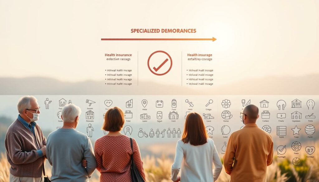 A comprehensive health insurance comparison for specialized demographics, showcased against a clean, professional backdrop. In the foreground, a diverse group of individuals - the elderly, families, and individuals with unique medical needs - deliberate over insurance plan details, presented in a modern, minimalist infographic style. The middle ground features an array of stylized insurance icons, representing the breadth of coverage options. The background is a serene, softly blurred landscape, conveying a sense of security and well-being. Warm, natural lighting illuminates the scene, creating a reassuring, trustworthy atmosphere. Captured through a wide-angle lens to encompass the entirety of the comparative illustration.
