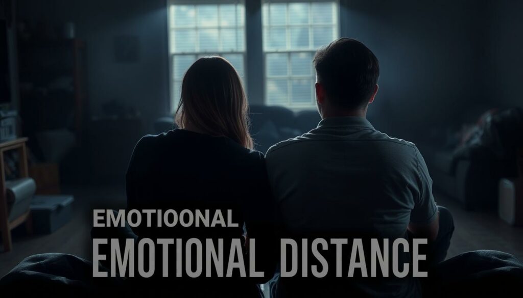 A couple sitting together, yet emotionally distant. In the foreground, their bodies are turned away from each other, shoulders hunched, expressions neutral and detached. The middle ground features a dimly lit, cluttered living room, symbolizing the disarray in their relationship. The background is hazy, with muted colors and a sense of melancholy. Dramatic chiaroscuro lighting casts long shadows, emphasizing the growing divide between the two figures. The overall atmosphere is one of tension, isolation, and a lack of connection, reflecting the "emotional distance" at the heart of this fractured partnership.