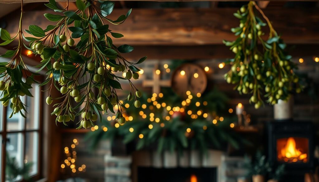 A cozy Christmas scene showcasing mistletoe sprigs as festive decor. In the foreground, lush green mistletoe clusters hang from rustic wooden beams, casting a warm and inviting glow from soft, diffused lighting above. In the middle ground, elegant holiday greenery and twinkling fairy lights adorn a mantelpiece, while in the background, a crackling fireplace casts a comforting ambiance throughout the winter wonderland setting. The scene exudes a sense of seasonal charm and romantic whimsy, perfect for capturing the spirit of the holiday season.