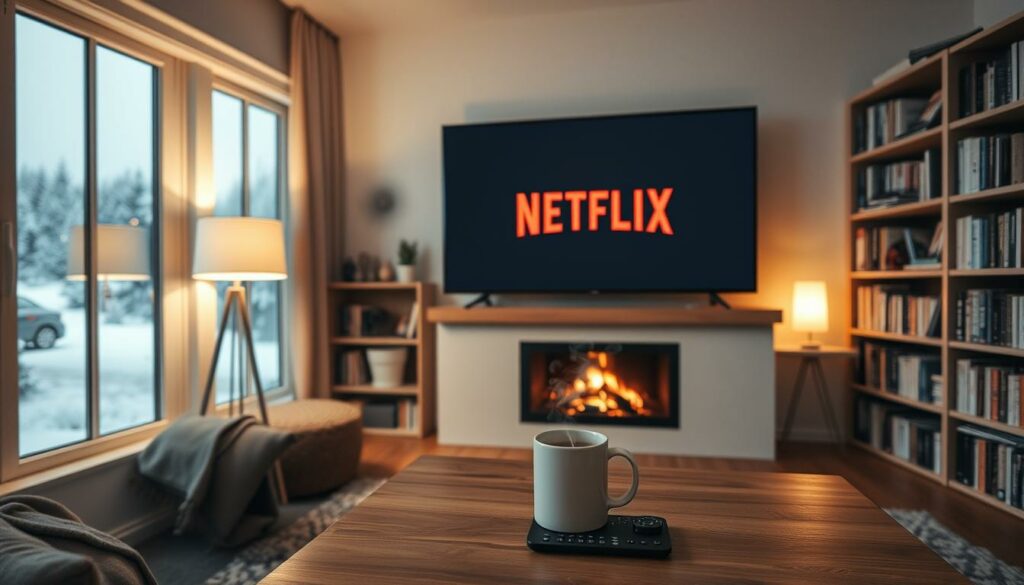 A cozy Scandinavian living room with a large window overlooking a snowy landscape. Soft ambient lighting from a fireplace and a single floor lamp creates a warm, inviting atmosphere. On the TV screen, the logo of a popular Nordic noir series on Netflix is prominently displayed. Bookshelves line the walls, filled with crime novels. A steaming mug of coffee or tea sits on a wooden coffee table, next to a sleek, minimalist remote control. The room conveys a sense of hygge - a feeling of contentment, coziness and relaxation associated with Scandinavian culture.