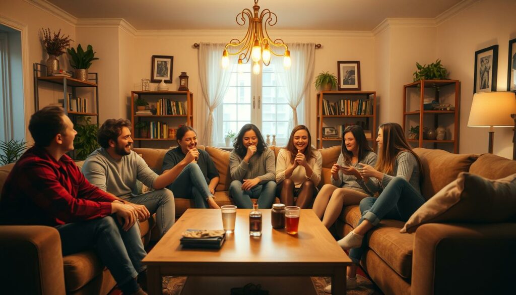 A cozy and inviting living room scene, with a group of friends gathered around a coffee table, engaged in a lively game of "Truth or Dare." The room is softly lit by a warm, golden glow from a central chandelier, casting a mellow atmosphere. In the foreground, the friends are seated on comfortable, plush couches, their expressions a mix of excitement and anticipation as they take turns revealing secrets or completing quirky challenges. The background features bookshelves, potted plants, and personal mementos, suggesting a homely, familiar setting. The overall composition evokes a sense of camaraderie, laughter, and the joy of shared experiences.