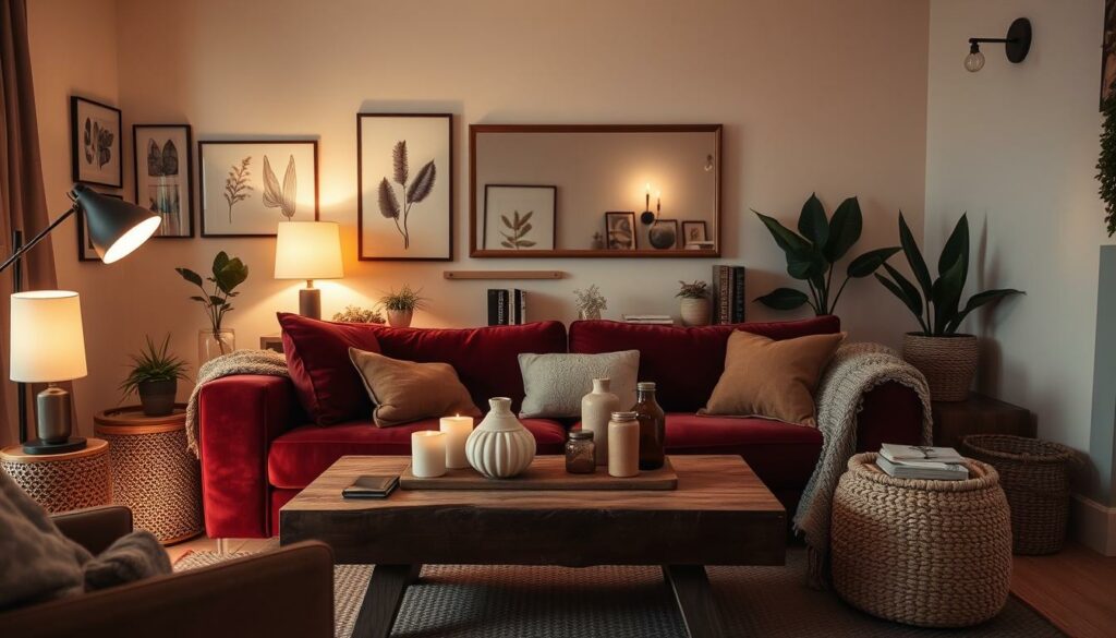 A cozy and inviting living room with warm lighting, soft textures, and natural elements. Plush velvet sofa in a deep burgundy hue, complemented by earthy-toned throw pillows and a knitted blanket. Rustic wooden coffee table topped with a minimalist vase and candles. On the walls, a gallery of framed botanical prints and a large mirror that reflects the room's ambiance. Potted plants and woven baskets add organic touches. The space is illuminated by a mix of floor lamps and sconces, creating a soothing, intimate atmosphere. Overall, the scene exudes a sense of comfort and relaxation, perfect for a cozy evening at home.