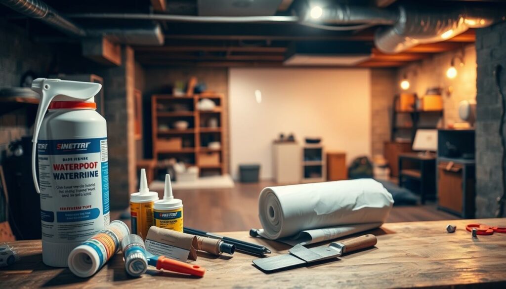 A cozy basement interior with a focus on effective waterproofing techniques. In the foreground, a close-up view of various waterproofing materials and tools, such as sealants, membranes, and trowels, arranged neatly on a workbench. The middle ground features a partially exposed basement wall, showcasing the application of a waterproof coating or sealant. In the background, a dimly lit but well-organized basement space, with shelves, storage units, and other typical basement furnishings, conveying a sense of practical organization and attention to detail. The lighting is warm and subtle, creating a welcoming atmosphere. The overall composition emphasizes the importance of proper basement waterproofing and the various practical steps involved in achieving a successful and long-lasting solution.