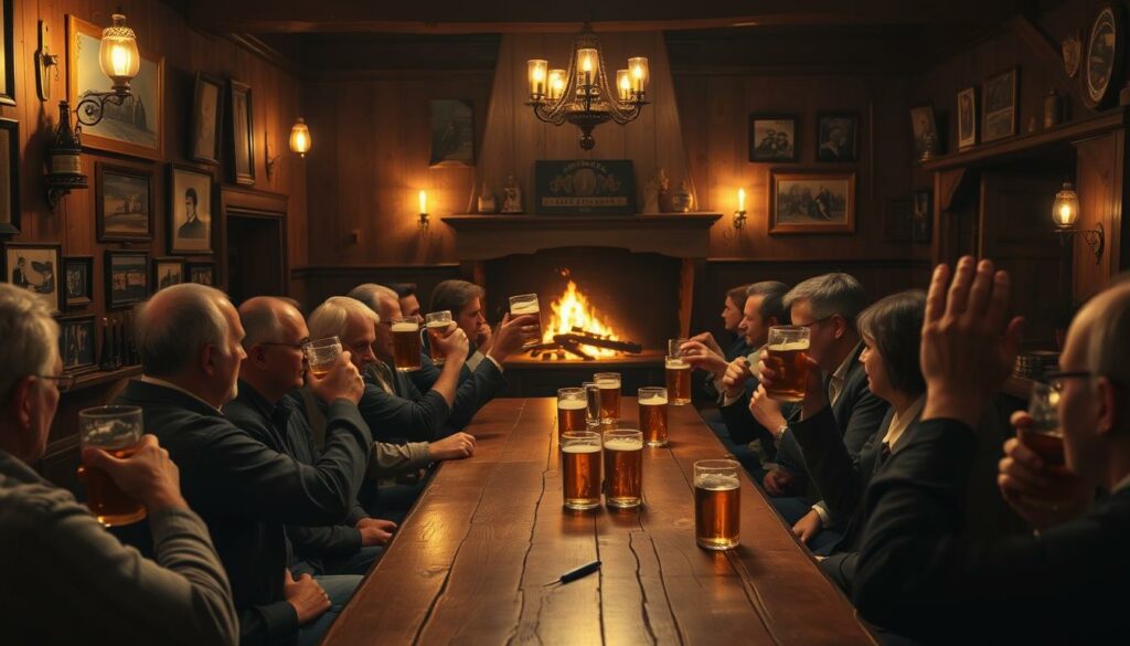 A cozy, dimly lit tavern interior, with a long wooden table at the center. Patrons engaged in lively conversation, raising their mugs of beer in a toast. The walls are adorned with antique beer steins, vintage photographs, and weathered oak paneling. Soft candlelight flickers, casting a warm glow across the scene. In the background, a large fireplace crackles, its flames casting flickering shadows. The atmosphere is one of camaraderie, tradition, and the timeless allure of the Stammtisch - a German institution where friends, colleagues, and community members gather to share stories, discuss current events, and strengthen their bonds. The image conveys the rich cultural heritage and enduring social significance of this age-old gathering place.