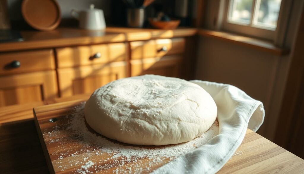 A cozy kitchen counter, softly lit by warm sunlight streaming through a nearby window. Atop the counter, a large wooden board holds a mound of dough, its surface gently rising and falling as it rests, the yeast working its magic. The dough's surface is lightly dusted with flour, creating a delicate, powdery texture. A clean kitchen towel has been draped over the dough, protecting it from the air as it undergoes its crucial resting period. The atmosphere is serene, inviting the viewer to imagine the fragrant, freshly baked bread that will soon emerge from this simple, yet essential, process.