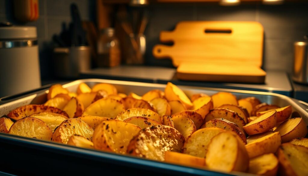 A cozy kitchen interior with a focus on a baking tray filled with golden, crispy oven-roasted potato wedges. The potatoes are arranged neatly, with a subtle seasoning visible on their surfaces. Warm, soft lighting from the oven casts a gentle glow, highlighting the textural details of the potatoes. In the background, a wooden cutting board and kitchen utensils suggest a homemade, artisanal preparation process. The composition creates a sense of inviting, mouthwatering simplicity, perfectly capturing the essence of "Pommes im Backofen zubereiten".