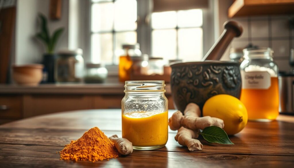 A cozy kitchen scene featuring various natural remedies for joint swelling. In the foreground, a wooden table holds a glass jar of turmeric paste, a bundle of fresh ginger, and a lemon. Warm, indirect lighting from a window casts a soft glow, creating a comforting atmosphere. In the middle ground, a mortar and pestle stands ready to grind herbs. The background showcases jars of soothing herbal teas and a small pot of epsom salts. The overall mood is one of simplicity, natural healing, and self-care.