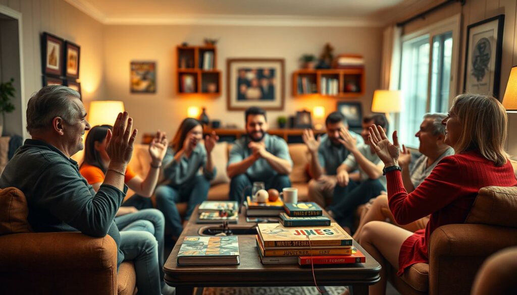 A cozy living room setting with a group of friends sitting around a coffee table, engaged in lively conversation and laughter. The room is bathed in warm, soft lighting, creating a inviting and relaxed atmosphere. In the foreground, several people are holding up their hands as if asking or gesturing playfully, their expressions animated and amused. The middle ground features a table topped with a variety of quirky, whimsical items - perhaps a few unusual knick-knacks, a board game, or a stack of joke books. The background blurs softly, hinting at additional friends and a sense of togetherness. The overall mood is lighthearted, playful, and conducive to building connections through shared laughter and casual conversation.