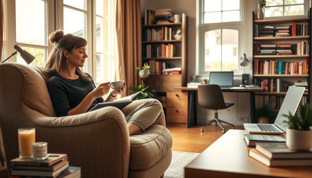A cozy studio apartment, bathed in warm, natural light filtering through large windows. In the foreground, a woman sits cross-legged on a plush, oversized armchair, sipping tea from a delicate porcelain cup. She's engrossed in a book, her expression serene and content. Nearby, a stack of well-worn self-care books and a scented candle add to the tranquil, introspective atmosphere. The middle ground features a neatly organized desk with a laptop, stationery, and a small potted plant, hinting at a balance between work and personal time. In the background, a bookshelf filled with titles on mindfulness, wellness, and personal growth subtly emphasizes the importance of self-care in this single person's life.