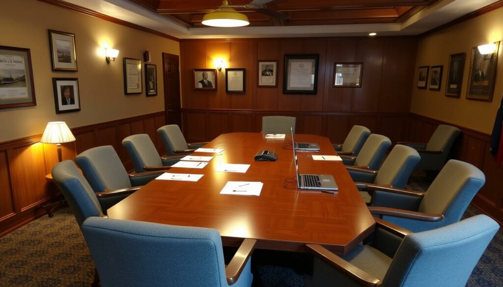 A cozy, well-lit meeting room with a large wooden table surrounded by comfortable chairs. On the table, legal documents, pens, and a laptop are neatly arranged, hinting at the organizational and regulatory aspects of the gathering. The walls are adorned with framed certificates and awards, conveying a sense of professionalism and authority. Warm lighting from overhead lamps casts a soft glow, creating an inviting atmosphere for the serious discussion of the group's legal considerations. The room's atmosphere strikes a balance between formal and friendly, reflecting the nature of a typical local community gathering.