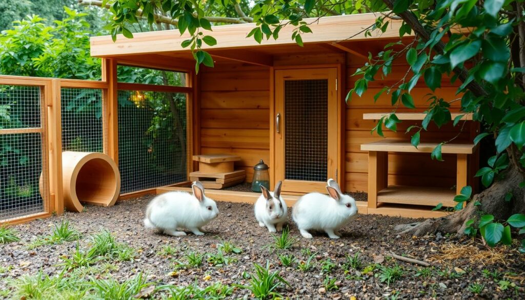 A cozy, well-planned rabbit hutch nestled in a lush, natural setting. The enclosure features a spacious outdoor run with ample room for hopping and exploring, complemented by a sturdy, weather-resistant shelter. Warm, natural wood tones blend seamlessly with the verdant foliage, creating a harmonious and inviting atmosphere. Carefully placed enrichment elements, such as tunnels and platforms, encourage the rabbits' natural behaviors. Subtle lighting casts a soft, golden glow, accentuating the rabbits' fluffy silhouettes as they contentedly graze. The entire setup conveys a sense of security, comfort, and an understanding of the rabbits' needs, reflecting the thoughtful planning process.