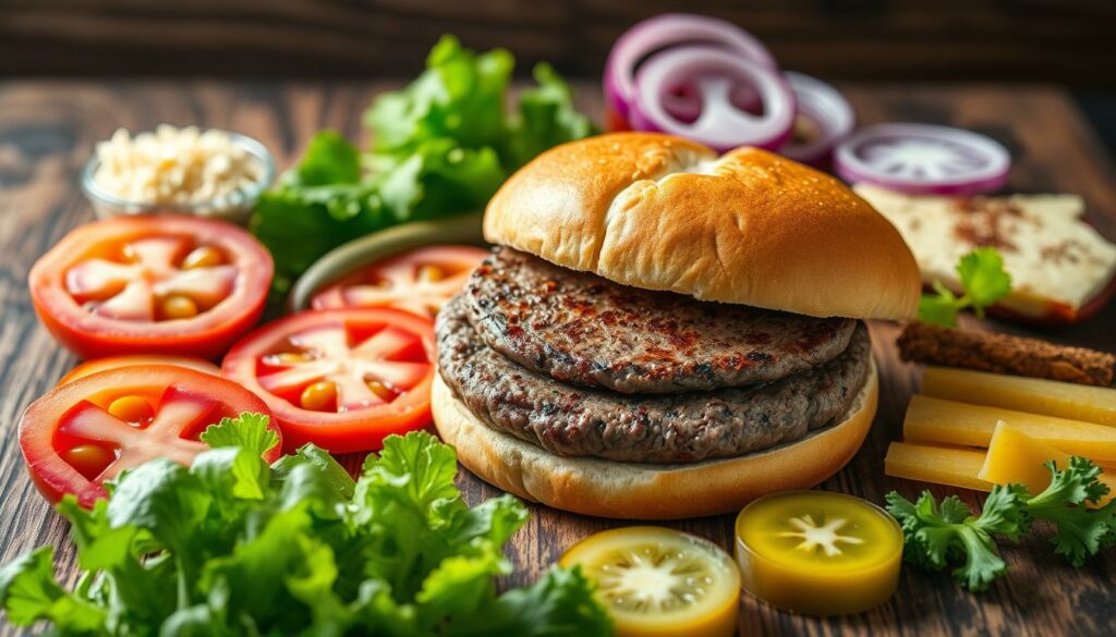 A delectable arrangement of fresh burger ingredients arranged on a rustic wooden surface, illuminated by soft, natural lighting. In the foreground, juicy slices of tomato, crisp lettuce leaves, and tangy pickles are carefully displayed. The middle ground features a perfectly toasted bun, split in half, ready to embrace a sizzling beef patty. In the background, slices of red onion, grated cheese, and aromatic spices create a tantalizing composition. The overall scene evokes a sense of homemade culinary delight, capturing the essence of crafting the perfect burger.