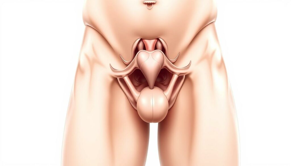 A detailed anatomical illustration of the male pelvic region, showcasing the external genitalia and surrounding areas. The image should be rendered with a clinical, educational tone, using a neutral color palette and clear, precise linework. The composition should strike a balance between informative detail and aesthetic sensibility, presented from a low, slightly elevated angle to provide an inclusive, patient-centered perspective. Subtle lighting accentuates the contours and textures, while a clean, white background emphasizes the subject matter. The overall mood is one of scientific understanding and personal wellness, encouraging attentive self-examination and preventative healthcare.