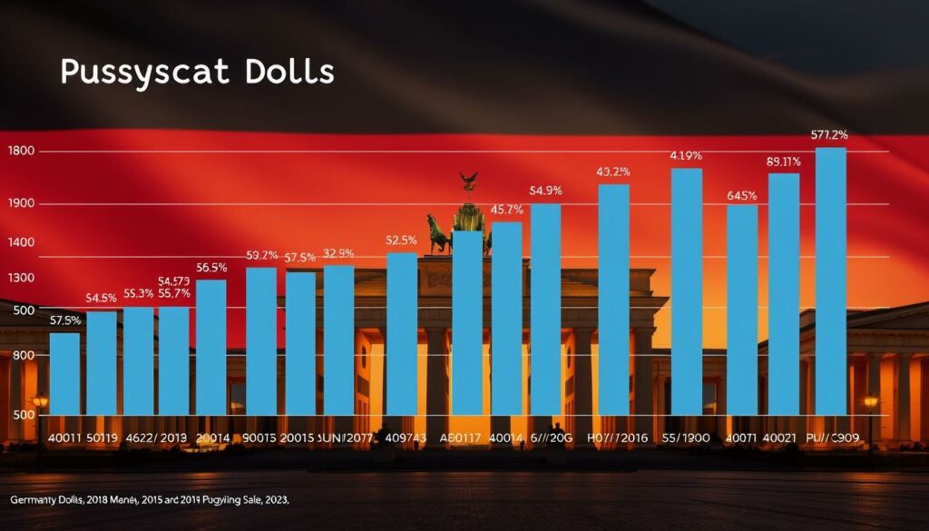 A detailed bar chart depicting the commercial success of the Pussycat Dolls in Germany. The chart is displayed against a backdrop of the German flag, with the iconic Reichstag building and Brandenburg Gate in the distance, illuminated by warm, golden hour lighting. The bars represent album sales, single downloads, and chart positions, showcasing the group's popularity and impact in the German music market. The composition is balanced, with the chart taking center stage, surrounded by a clean, minimalist design aesthetic that reflects the modern, sleek sensibilities of the Pussycat Dolls' brand.