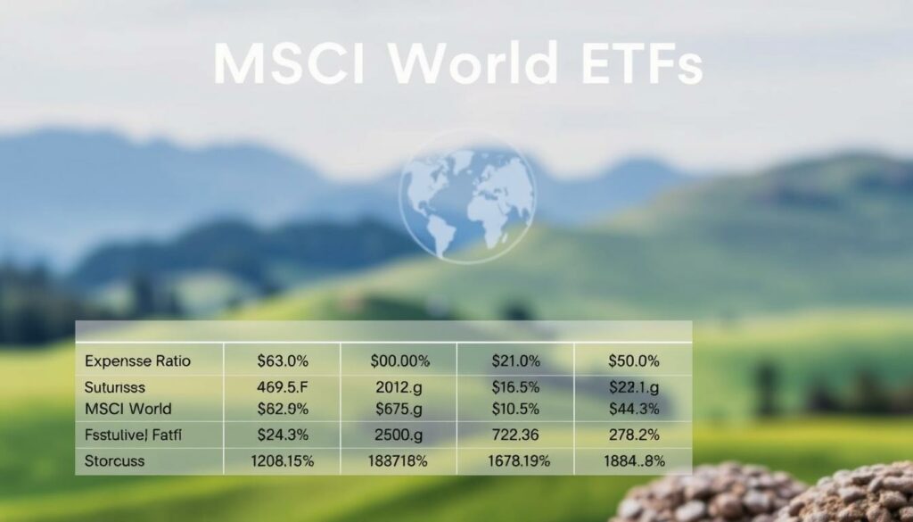 A detailed chart depicting the cost structure of MSCI World ETFs, presented against a backdrop of a serene financial landscape. In the foreground, a clean and professional-looking graph showcases the various expense ratios and fees associated with these investment vehicles, conveying a sense of transparency and clarity. The middle ground features a stylized depiction of the MSCI World index, represented by a globe or a collection of world flags, symbolizing the global diversification of the underlying assets. The background is softly blurred, with subtle hues of blue and green, evoking a sense of stability and growth inherent in the MSCI World investment strategy. The overall composition exudes a tone of informative professionalism, suitable for inclusion in an article exploring the benefits of MSCI World ETF investments.