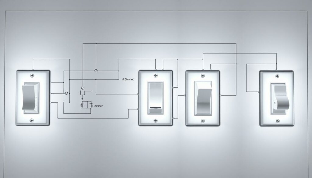 A detailed circuit diagram showcasing various types of light switches, illuminated against a clean, technical backdrop. The schematic elements are precisely rendered, with clear lines, symbols, and annotations that highlight the wiring configurations and functionality of toggle, dimmer, and motion-activated switches. The lighting is bright and evenly distributed, creating a sense of clarity and professionalism, suitable for an instructional article on connecting light switches. The overall composition is well-balanced, with ample negative space to allow the technical details to take center stage.