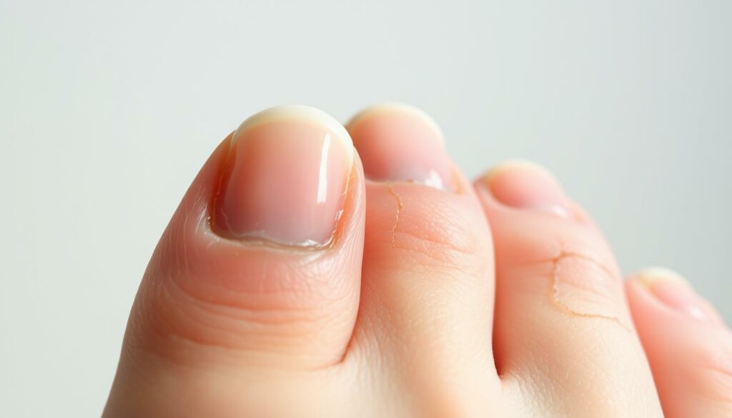 A detailed close-up photograph of common nail problems, including brittle, discolored, and cracked nails, captured in soft, natural lighting. The nails are presented against a clean, minimalist background that emphasizes their texture and imperfections. The overall mood is one of clinical examination, inviting the viewer to closely inspect and understand these common nail issues. The image provides a clear, comprehensive visual reference for the "Häufige Nagelprobleme und ihre Lösungen" section of the article.