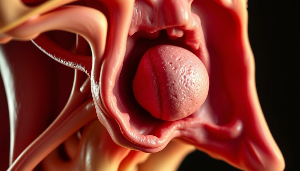 A detailed close-up view of the human larynx, showcasing the cancerous growth of laryngeal cancer, also known as "Kehlkopfkrebs". The image should capture the intricate anatomical structures of the larynx, including the vocal cords, arytenoid cartilages, and epiglottis, with the malignant tumor prominently featured. Rendered in a realistic, high-resolution medical illustration style, using warm, subdued lighting and a shallow depth of field to emphasize the affected area. The overall tone should convey the seriousness and complexity of this challenging health condition, reflecting the gravity of Val Kilmer's personal struggle against cancer.