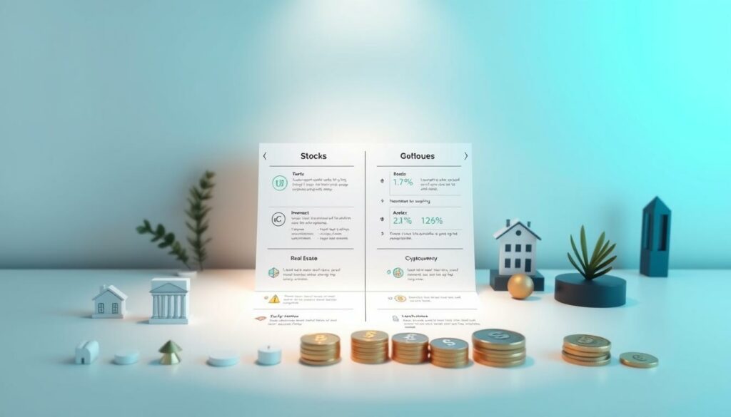A detailed comparison of various investment options, presented in a clean, informative layout. The foreground showcases different financial instruments such as stocks, bonds, real estate, and cryptocurrencies, each represented by a clear icon or symbolic element. The middle ground offers a sleek, minimalist infographic displaying key metrics and characteristics of each investment type. The background features a subtle gradient or textured pattern, providing a refined, professional atmosphere. Soft, directional lighting illuminates the scene, casting subtle shadows to add depth and dimension. The overall aesthetic is modern, sophisticated, and easy to comprehend, guiding the viewer through the diverse investment landscape.