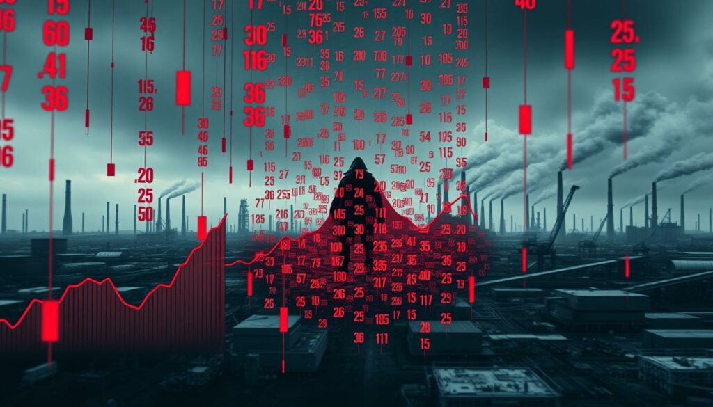 A detailed, data-driven visualization of the economic losses experienced by ThyssenKrupp after 214 years of steel production. The foreground depicts a series of falling financial charts and graphs, conveying the magnitude of the decline. The middle ground features a grim, shadowy figure representing the company's leadership, surrounded by a sea of red numbers and statistics. In the background, a bleak industrial landscape with crumbling factories and smokestacks, symbolizing the end of an era. The overall scene is bathed in a cold, desaturated color palette, evoking a sense of melancholy and the weight of the economic consequences. Realistic textures, lighting, and depth of field lend an air of somber authenticity to the image.